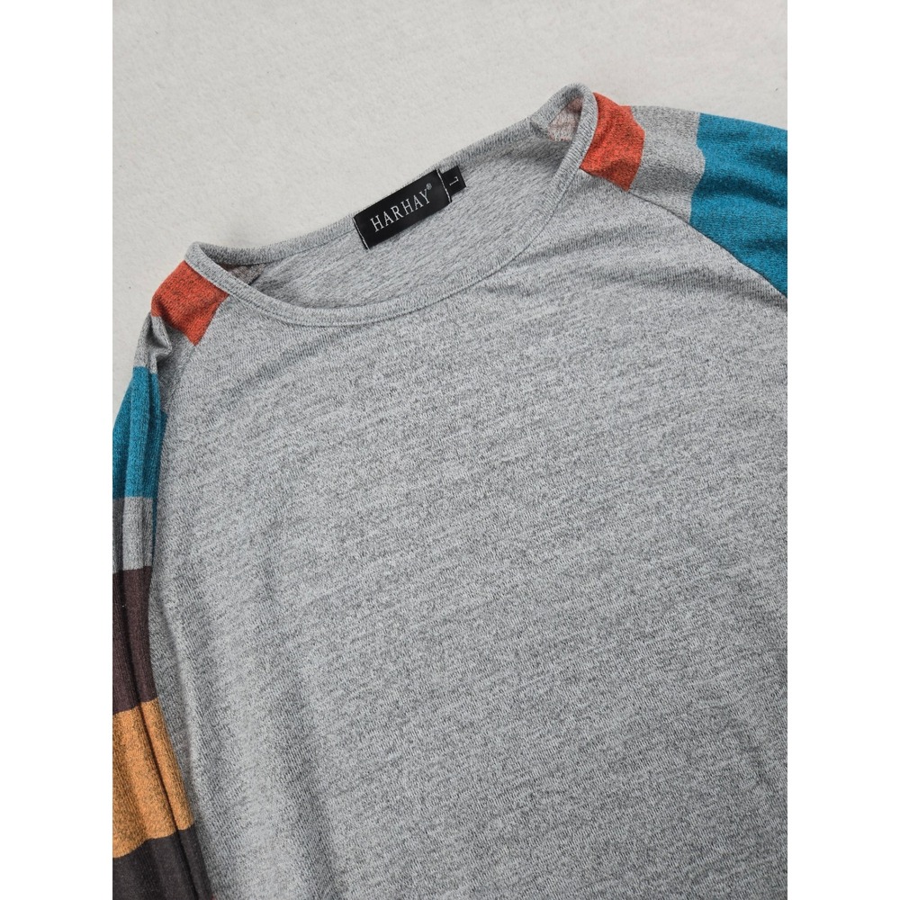 HARHAY Womens Gray Long Sleeve‎ Crew Neck Striped Colorblock Raglan Top Size L